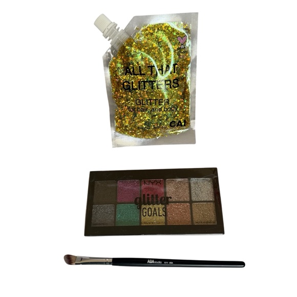 Lot 3pc NYX Glitter Goals Eyeshadow Palette Brush Gold Body Glitter Festival NWT - Picture 1 of 7